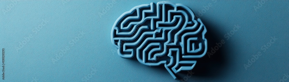 Poster abstract representation of a brain with maze patterns on a blue background.