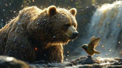 Obraz premium Bear and Hummingbird in the Wild