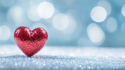 Obraz premium sparkling red heart on a shimmering surface with a soft blue background.