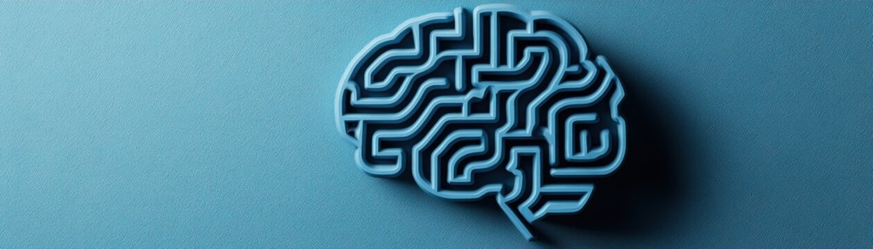 Abstract representation of a brain with maze patterns on a blue background.