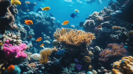 Obraz premium A serene underwater scene with soft bokeh effects, showcasing a smooth gradient background that creates a peaceful, ethereal atmosphere full of light reflections and gentle movement 