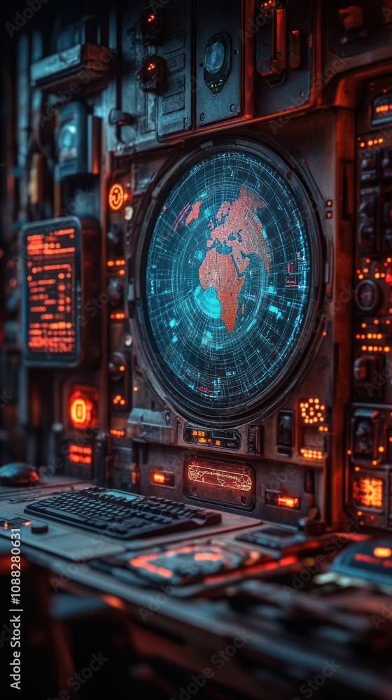 Poster futuristic control panel with a world map and glowing interfaces.