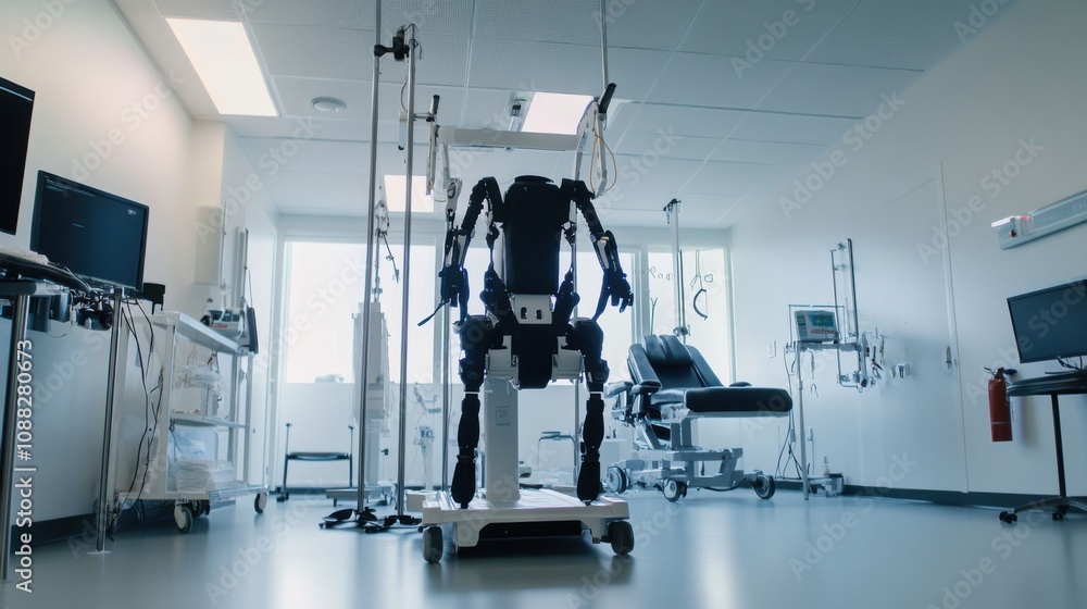 Poster an advanced rehabilitation center using robotic exoskeletons to assist patients with physical therap