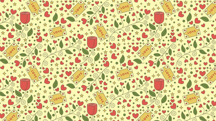 A Valentine's Day pattern featuring stars, flowers, leaves, hearts, and letters. Vector Illustration.