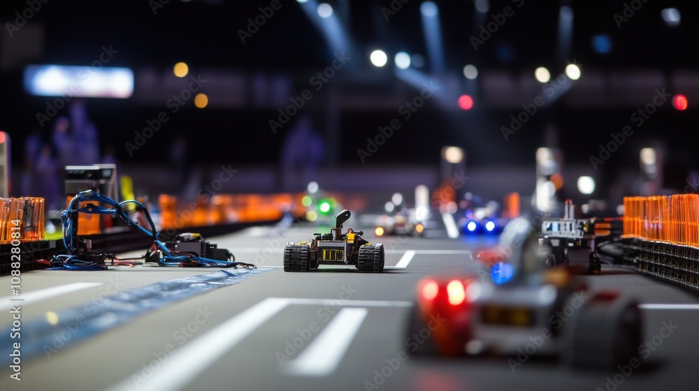 Aufkleber An advanced robotics competition arena with teams programming autonomous robots to complete tasks, Robotics challenge style, photo of