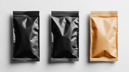 Three rectangular sachets in black and beige minimalist packaging