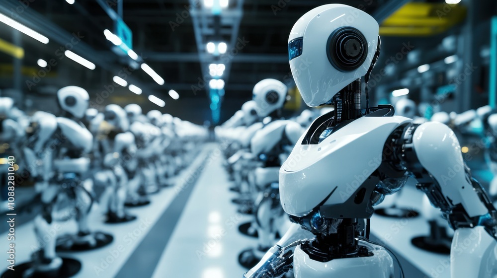 Aufkleber An advanced robotics factory floor with autonomous assembly robots working in synchrony, Industrial automation style, photo of