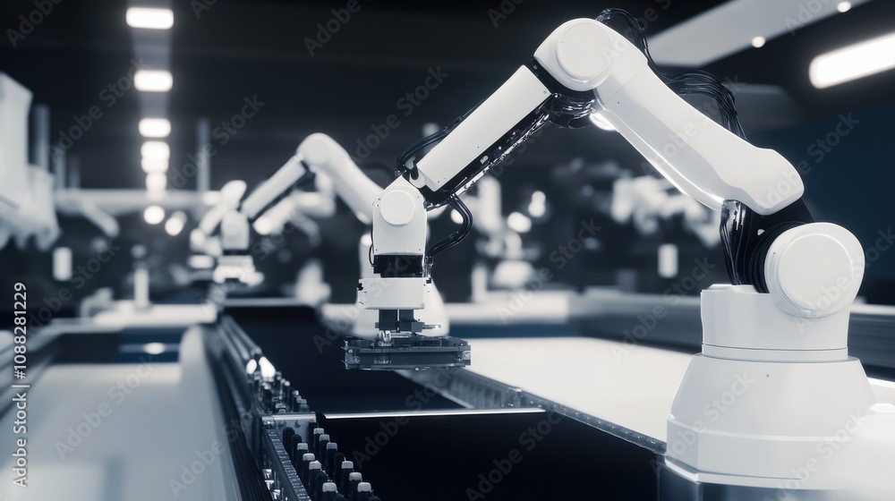 Poster An advanced robotics factory floor with autonomous assembly robots working in synchrony, Industrial automation style, photo of