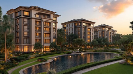 Modern residential buildings beside a serene water feature at sunset.