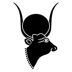 Head of ancient Egyptian sacred cow. Goddess Hesat or Hathor. Black and white silhouette.