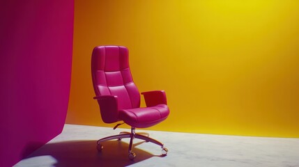 A vibrant pink office chair against a bright yellow backdrop.