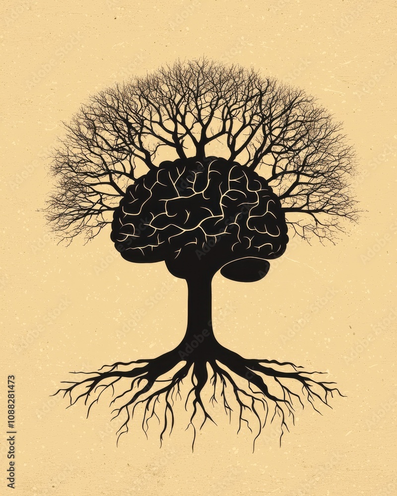 Poster a creative illustration combining a tree and a brain, symbolizing the connection between nature and 