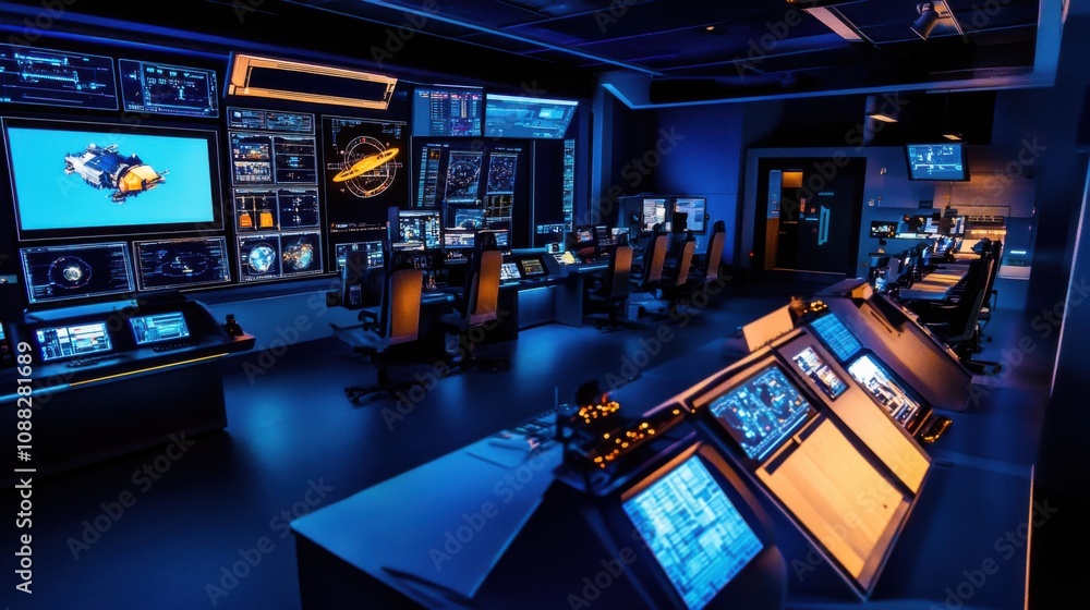 Poster an advanced space exploration center, featuring spacecraft and mission control operations, space exp