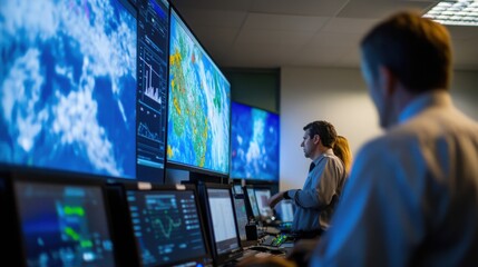 An advanced weather forecasting center with meteorologists analyzing real-time satellite data and weather models, Meteorology technology style, photo of