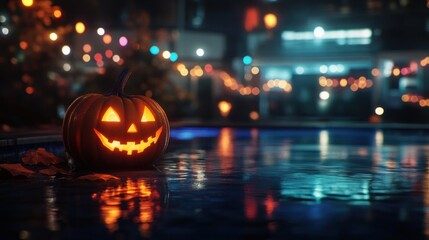 Fototapeta premium Spooky Halloween Night: Jack-o'-lantern by the Pool