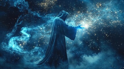 Obraz premium Enchanting Wizard Releasing Stars: A Cinematic Poster for Magical Interior Decor, Perfect for Fantasy Enthusiasts and Sports Spaces with a Touch of Mystical Realism