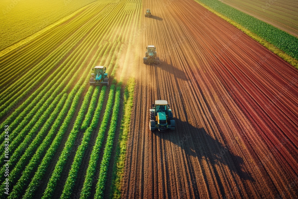 Poster robotic machines efficiently plant and harvest crops across expansive fields under the warm light of