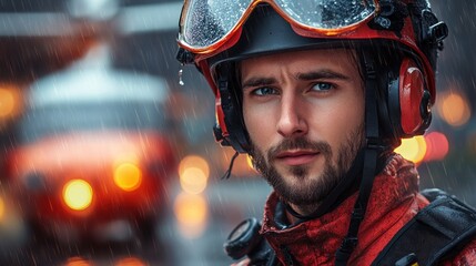 A focused rescue worker in a rain-soaked environment.