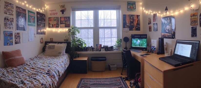 A college dorm room with a bed, desk, two computers, plants and posters.