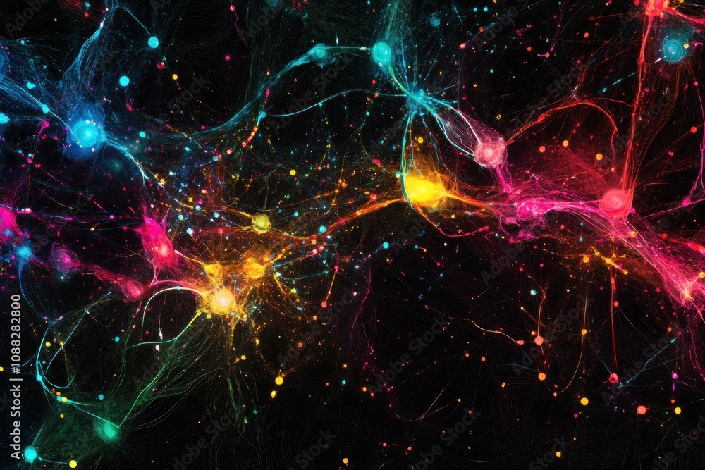 Poster here's a possible and keyword list for the image.. vibrant abstract network of glowing nodes and con
