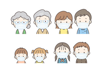 マスクをしている家族のセット
