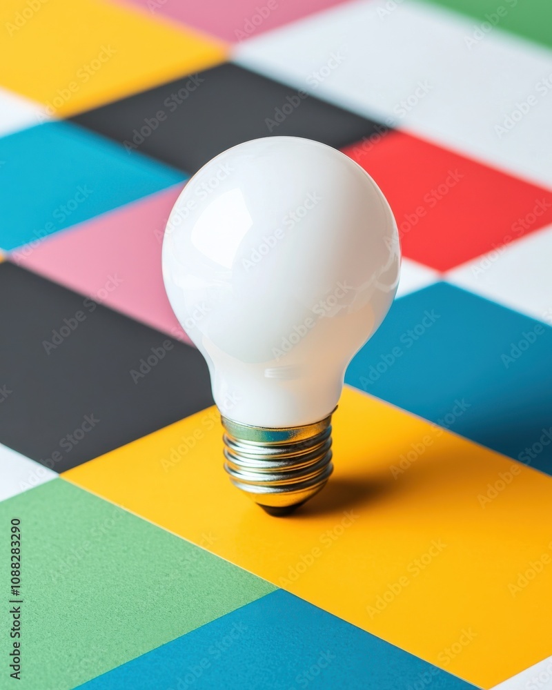 Poster a light bulb rests on a colorful patterned surface, symbolizing creativity and innovation.