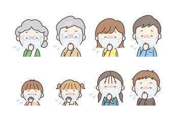 マスクをして発熱と咳をしている家族のセット