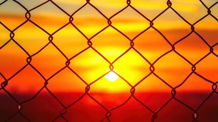 Fototapeta premium Sunset Through Chain Link Fence: A Captivating View of Fiery Hues
