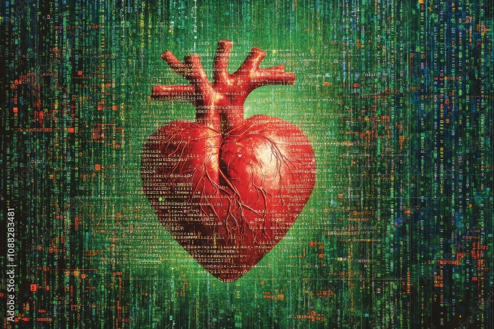 Poster this artwork showcases a vivid human heart amid flowing digital code, symbolizing the blend of life 