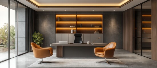 A modern office with a large desk, two leather chairs, a bookshelf, and a large window.