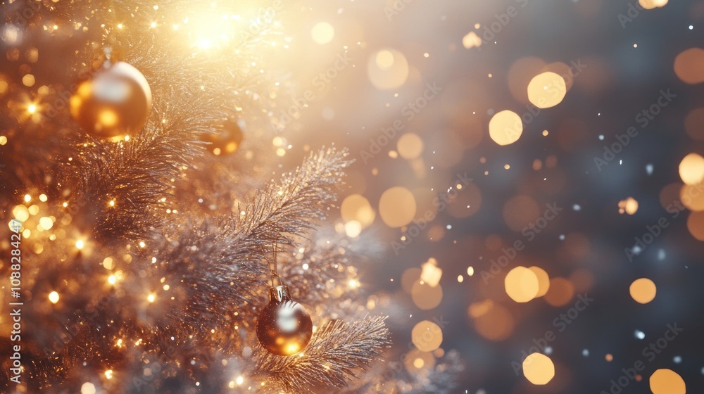 Poster here's a possible and keyword list for your image... sparkling christmas tree with golden ornaments 