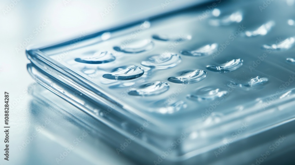 Poster an extreme close-up of a 3d-printed microfluidic chip for drug delivery, showing precise fluid contr