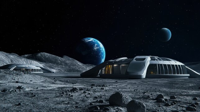 An expansive lunar landscape with a futuristic lunar base and Earthrise in the background, Space colonization style, photo of