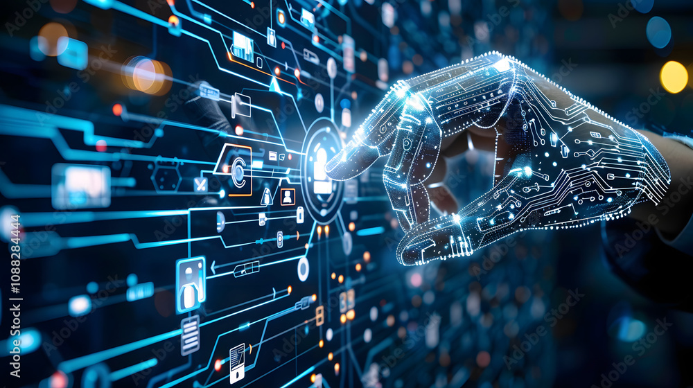 Poster ai (artificial intelligence) technology networks connecting wireless devices. ai technology is essen
