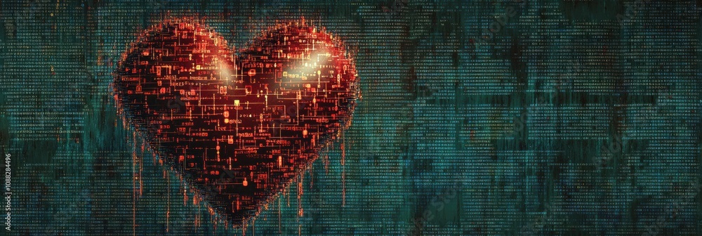 Leinwandbilder a vibrant red human heart is encased in cascading streams of glowing digital code, symbolizing the f