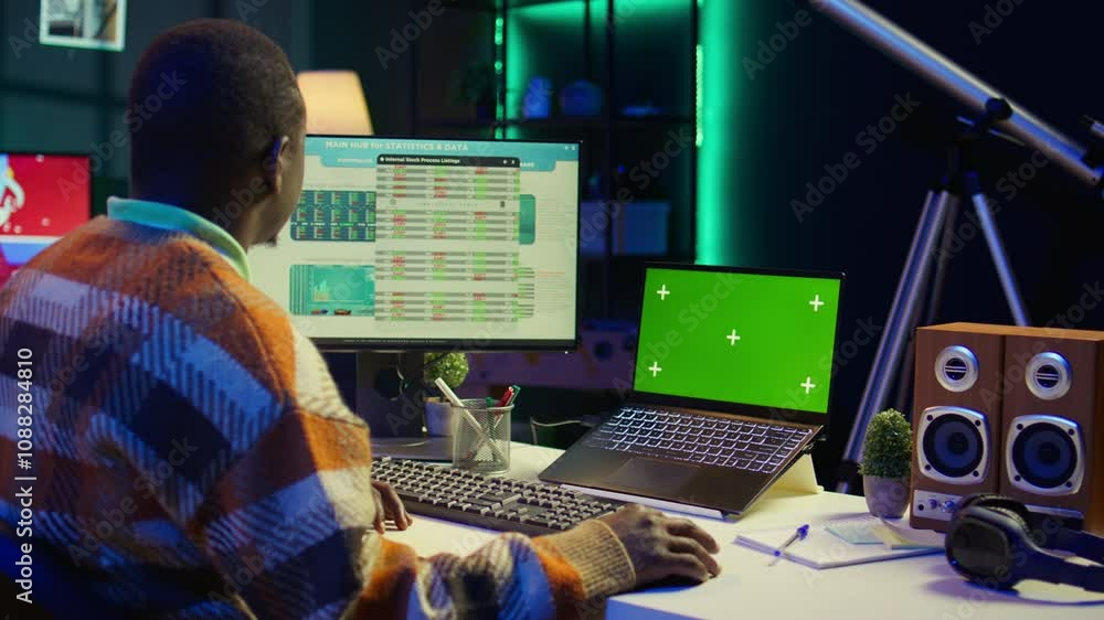 Poster trading engineer looking at e commerce diagrams and copy space on display, working from home to incr