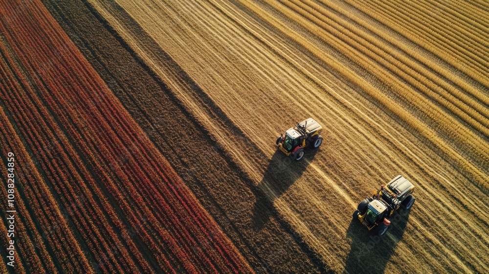 Poster robotic machines are efficiently planting and harvesting crops on a farm, showcasing agricultural in