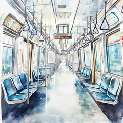 Fototapeta premium Watercolor painting of a quiet morning in a subway train with empty seats and soft lighting, on isolated white background