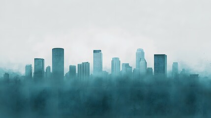 Mysterious City Skyline Emerging Through a Dreamy Misty Background with Floating Data Visualizations. Cost of Capital, Valuation, Interest Rate Concept