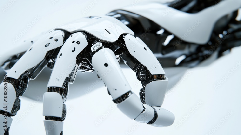 Poster An extreme close-up of a bio-inspired robotic hand, demonstrating dexterity and tactile sensing capabilities, Robotics technology style
