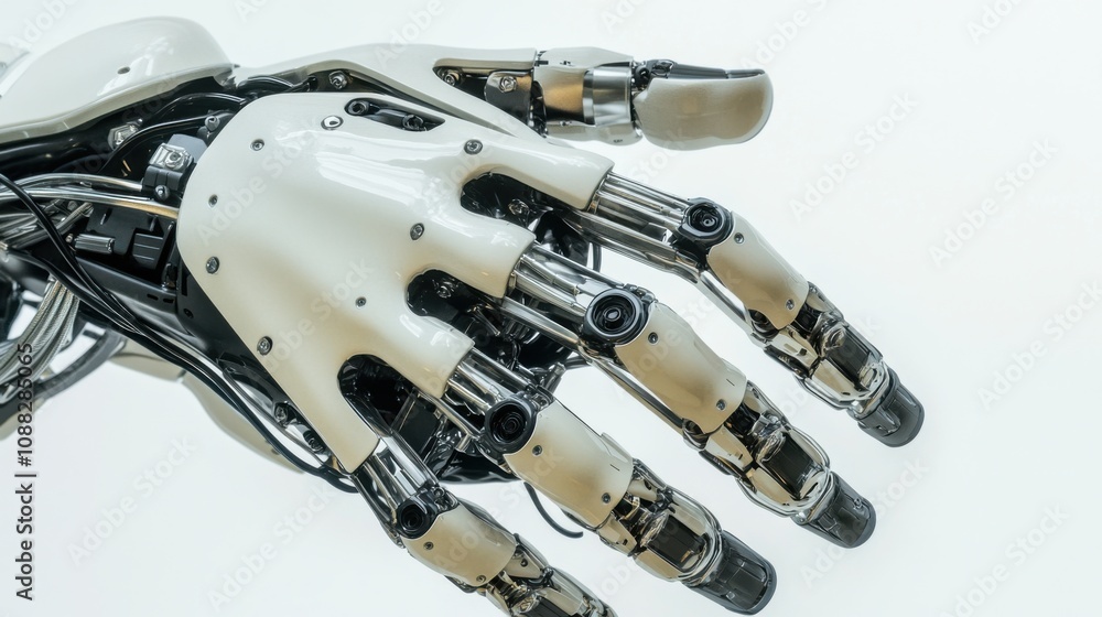 Poster An extreme close-up of a bio-inspired robotic hand, demonstrating dexterity and tactile sensing capabilities, Robotics technology style