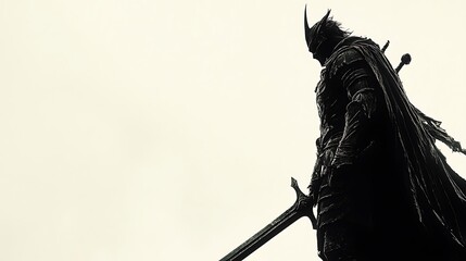 Silhouetted knight, large sword, dramatic pose.