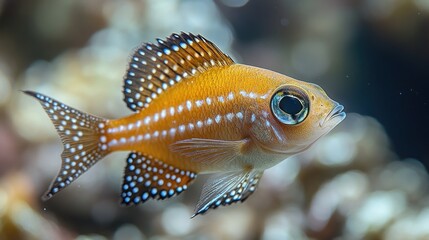Obraz premium A Close-Up of a Yellow Fish with White Spots and Blue Edged Fins