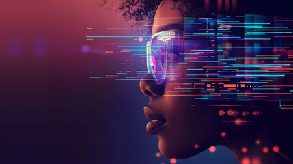 AI cyber security threat illustration, black african american female IT specialist analysing data information technology, augmented reality artificial intelligence collage, side pro