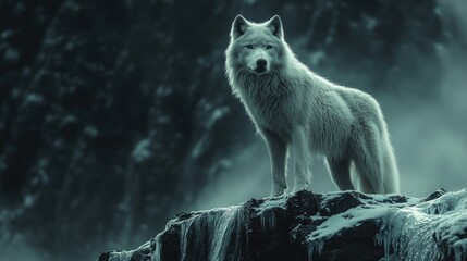 Obraz premium Majestic Arctic Wolf on a Snowy Cliff