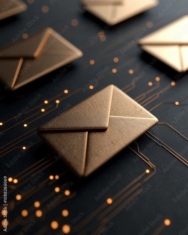 Poster a close-up of metallic envelopes on a dark circuit board background, blending technology and communi