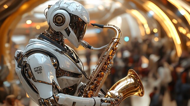 A solo AI Robot playing the saxophone on Mars moon of Deimos