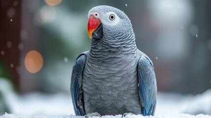 Obraz premium African Grey Parrot in Winter Wonderland