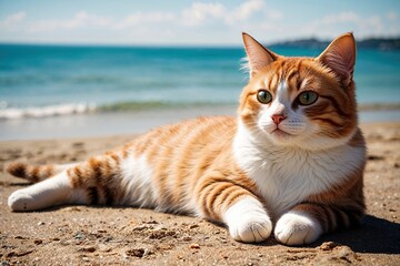 Colourful Portrait of a Cute Cat Lounging by the Beach in the Summer Sunshine