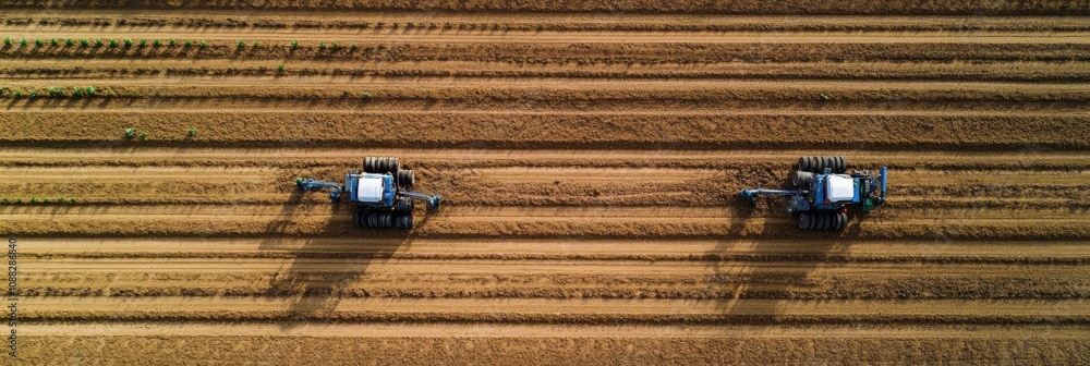 Poster Robotic systems are seen working diligently to plant crops in neat rows on a large agricultural field. Generative AI